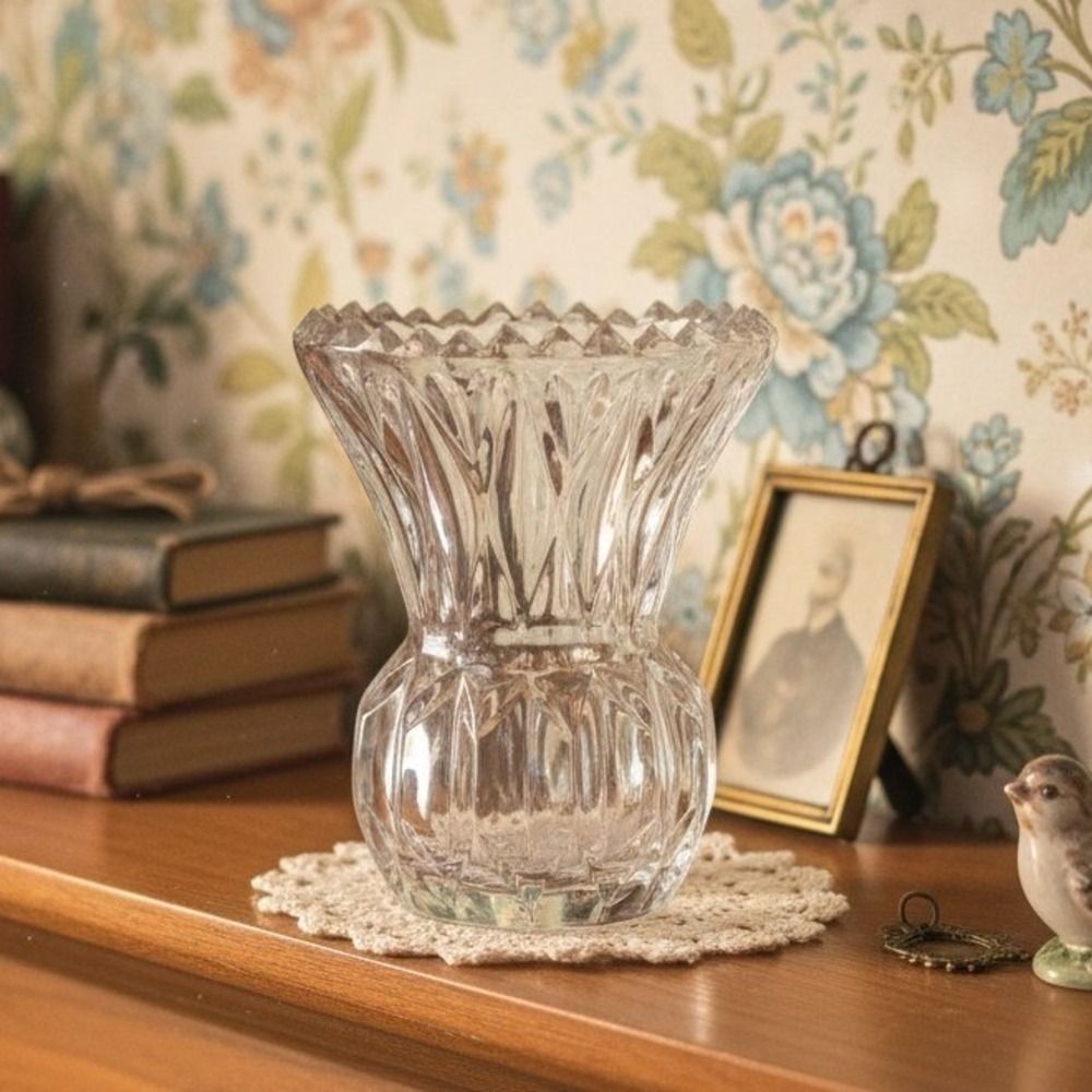 Crystal Thistle Pineapple Toothpick Holder, Vtg Glass Bud Vase, Saw Edge Design‎